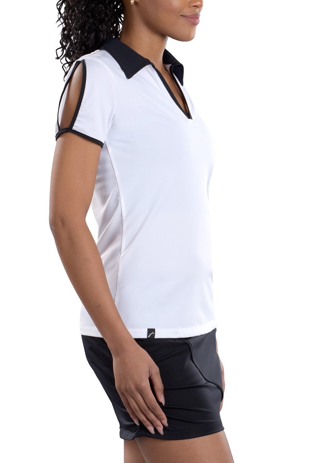 Woman Wearing SwingDish Dorothy White With Black Trim Top Product View 4