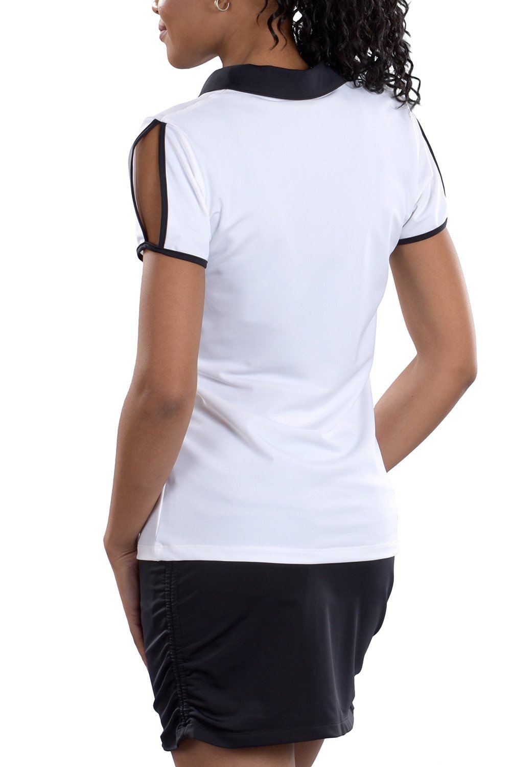 Woman Wearing SwingDish Dorothy White With Black Trim Top Product View 3