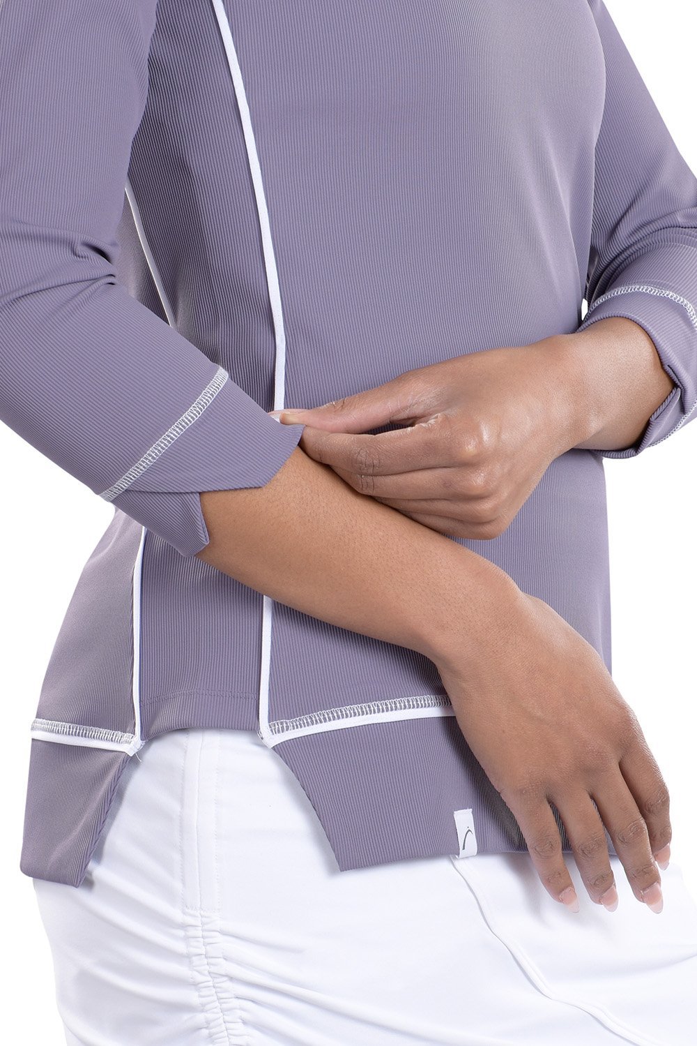 Woman Wearing SwingDish Haley 3/4 Sleeve Top in Secret Product View 4