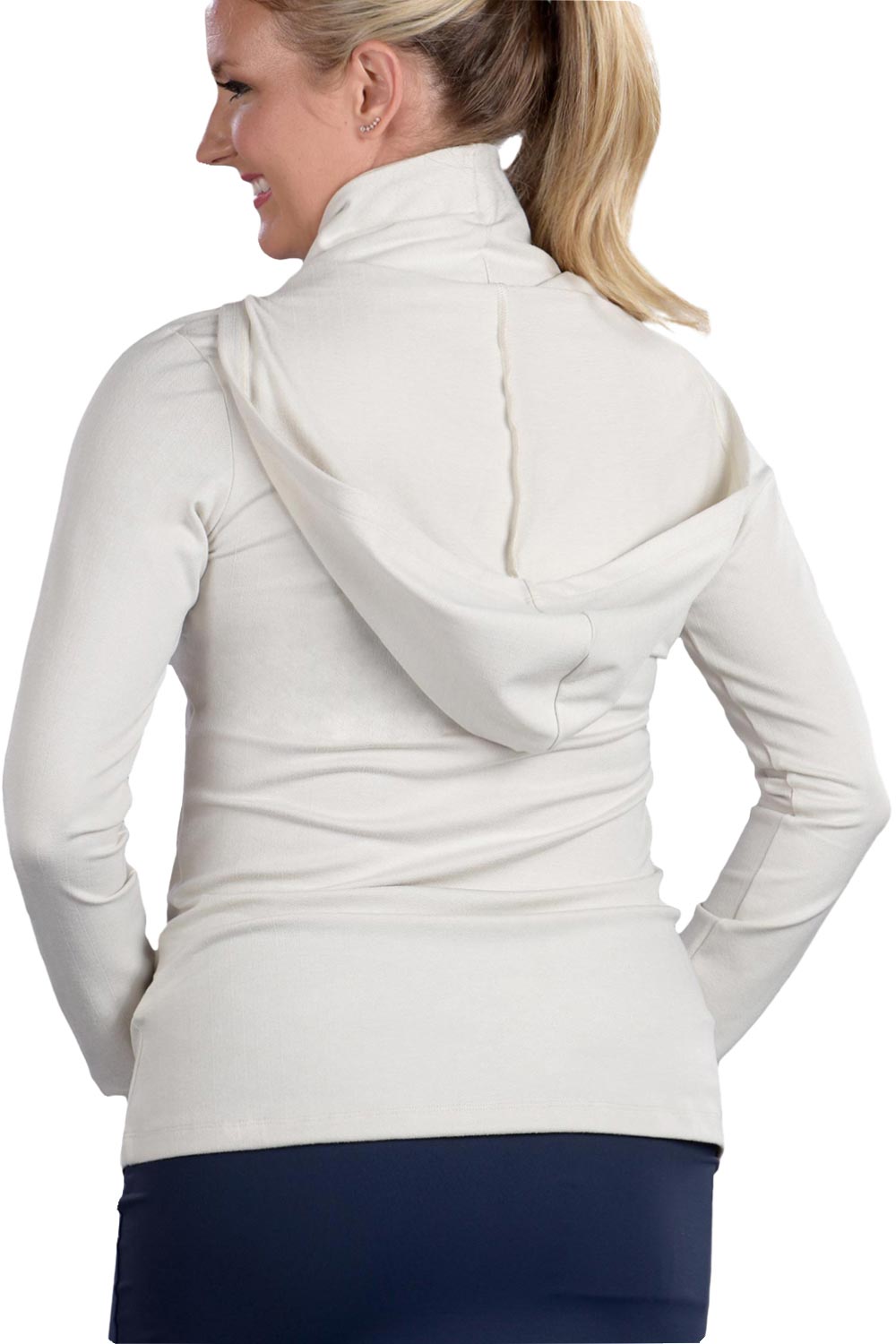 Woman Wearing SwingDish Melanie Collared Hoodie - Cream Product View 5