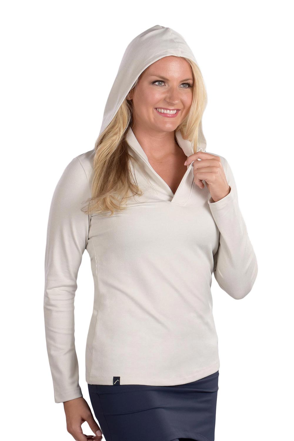 Woman Wearing SwingDish Melanie Collared Hoodie - Cream Product View 1