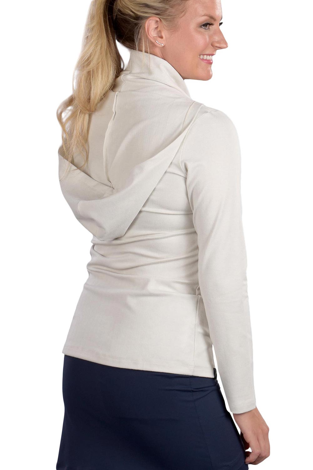 Woman Wearing SwingDish Melanie Collared Hoodie - Cream Product View 3